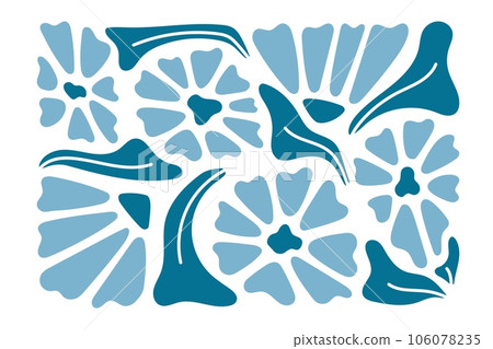 Blue Matisse flowers. Floral pattern with delicate daisy, carnations, light blue trendy leaves with intricate curvy branches. Simple doodle indigo leaf style. Vector flat, cartoon modern illustration Blue Matisse flowers. Floral pattern with delicate daisy, carnations, light blue trendy leaves with intricate curvy branches. Simple doodle indigo leaf style. Vector flat, cartoon modern illustration 106078235