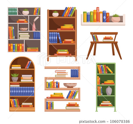 Isolated Bookcases and Shelves Adorned With A Diverse Collection Of Books, Offering A Literary Haven And Visual Delight Isolated Bookcases and Shelves Adorned With A Diverse Collection Of Books, Offering A Literary Haven And Visual Delight 106078386