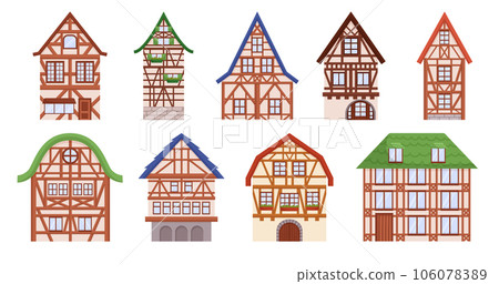 Half-timbered Houses Set. Charming Architectural Structures With Exposed Wooden Frames Filled With Brick Or Plaster 106078389