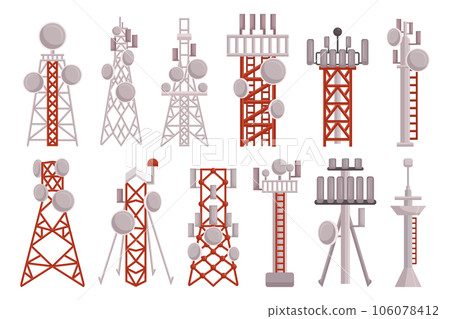 Radio Towers Set. Tall Metal Structures Transmitting Radio Signals. Supports Antennas For Broadcasting And Communication 106078412