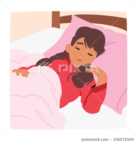 Peaceful Scene Little Girl Sleeps Soundly In Her Cozy Bed In Her Bedroom. Adorable Child Character Wear Pajamas 106078504