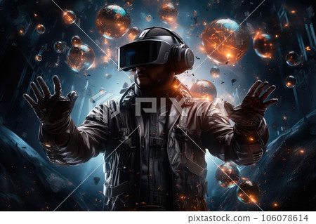 A man wearing VR headset user, surreal world and virtual reality, colorful flowers fields. Generative AI 106078614