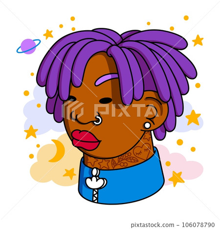 Dark skinned woman Portrait. Avatar of girl vibrant dreadlocks, sporting stylish sportswear, neck tattoo, piercings, earrings. Colorful Flat Cartoon style. Trendy modern design. Vector modern Dark skinned woman Portrait. Avatar of girl vibrant dreadlocks, sporting stylish sportswear, neck tattoo, piercings, earrings. Colorful Flat Cartoon style. Trendy modern design. Vector modern 106078790