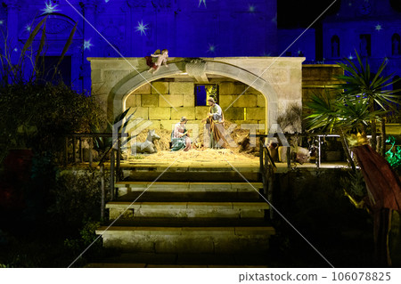 Christmas Nativity scene in the square in Lecce, Apulia, Italy. Italian crib Christmas Nativity scene in the square in Lecce, Apulia, Italy. Italian crib 106078825