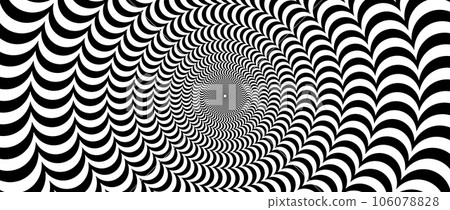 Radial optical illusion background. Black and white abstract rotating semi circles surface. Poster, banner, template design. Spinning arc spiral illusion wallpaper. Vector horizontal illustration 106078828