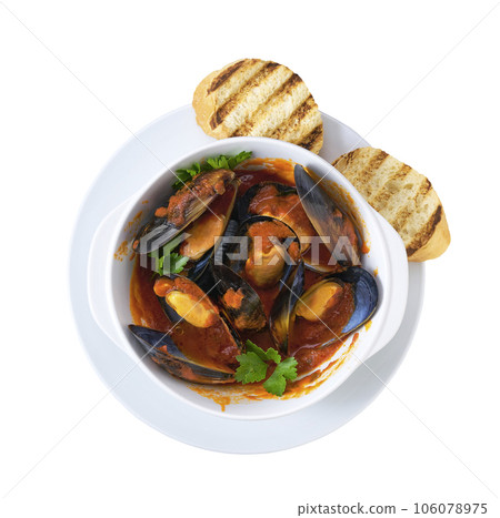 tomato soup with mussels and toasted baguette isolated on white background, top view. 106078975