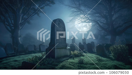 Old burial stone with unreadable writings emerges in the dimly lit ethereal landscape of a graveyard 106079030