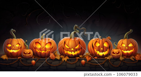 Halloween pumpkins in a row with different face expressions over dark background 106079033