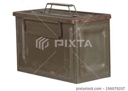 US army green metal .50 cal ammo can on white background. 106079207