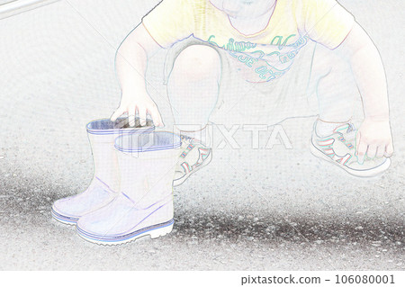 Pastel style "Child trying to put on boots" Illustration image 106080001