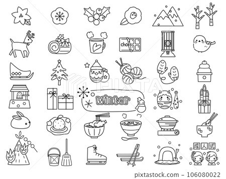 A set of illustrations inspired by winter events such as Santa and kadomatsu (line drawing version) A set of illustrations inspired by winter events such as Santa and kadomatsu (line drawing version) 106080022