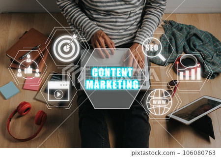 Content Marketing concept, Person using laptop computer with content marketing icon on virtual screen background, Social Media, Advertising, Commercial, Branding. 106080763