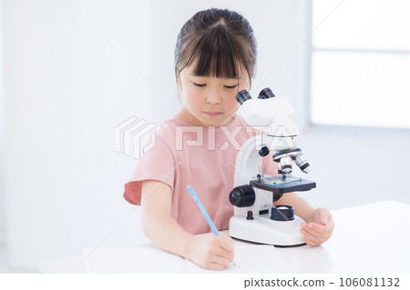 Elementary school girl looking into a microscope Elementary school girl looking into a microscope 106081132