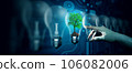 Human hand pointing Tree in the Light bulb against nature with digital convergence and technology background. Ecology, Energy, Environment, Green Technology, and IT ethics Concept. 106082006