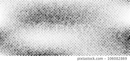 Aged halftone faded wavy gradient texture. Grunge dirty speckles and spots background. Black and white uneven sand grain wallpaper. Retro random pixelated comic cartoon vector backdrop.  106082869