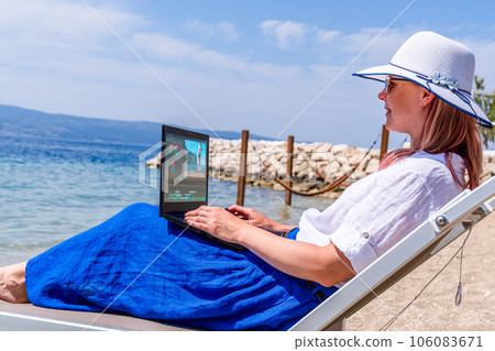Video blogger, freelancer editing video at beach. Editing Videos On Laptop Using Video Editor App. 106083671