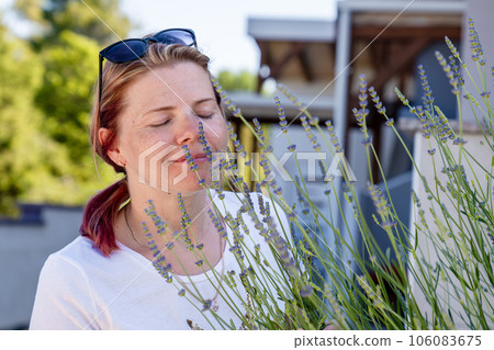 Aromatherapy, cute young womanenjoys the smell of lavender flowers while walking outdoor Aromatherapy, cute young womanenjoys the smell of lavender flowers while walking outdoor 106083675