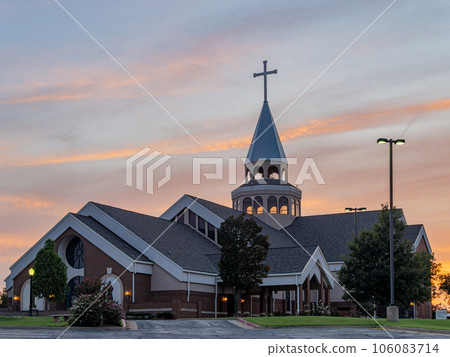 Sunset view of the St Monica Catholic Church 106083714