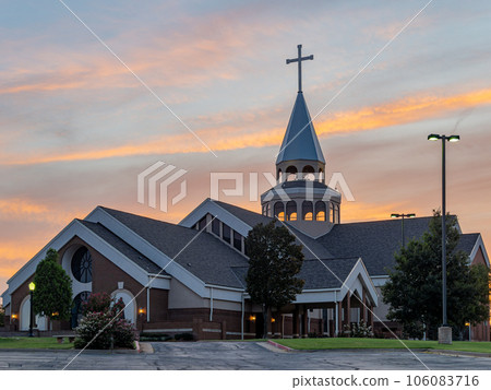 Sunset view of the St Monica Catholic Church 106083716