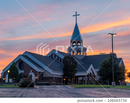 Sunset view of the St Monica Catholic Church 106083730