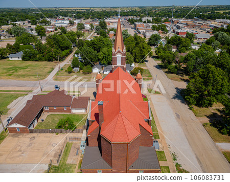 Aerial view of the Saint Rose of Lima Catholic Church and Perry town cityscape Aerial view of the Saint Rose of Lima Catholic Church and Perry town cityscape 106083731