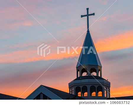 Sunset view of the St Monica Catholic Church 106083732