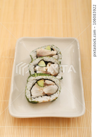 Hiroshima greens and mackerel sushi rolls 106083922