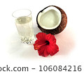 玻璃杯中的椰子水，配有破裂的椰子和紅芙蓉 106084216