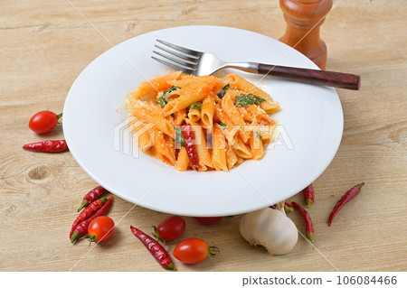 意大利食品，意大利通心粉，意大利通心粉。番茄醬、辣椒和磨碎的奶酪。 106084466