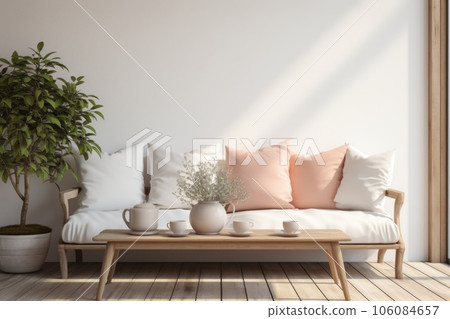 Minimalist living room interior with sofa on a wooden floor, decor on a large wall, white landscape in window. Generative AI 106084657