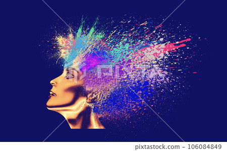 Passion abstract paint splash fashion art collage or design. Creative glamor fantasy girl or gold woman 106084849
