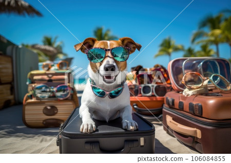 cute dog in sunglasses on the beach in sun summer day. Generative ai 106084855