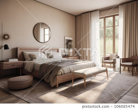 Bright beige wooden bedroom, minimal modern style. Generative AI Bright beige wooden bedroom, minimal modern style. Generative AI 106085474