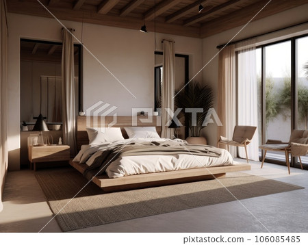 Bright beige wooden bedroom, minimal modern style. Generative AI 106085485