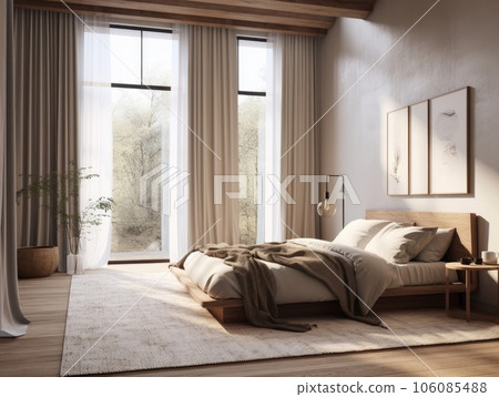 Bright beige wooden bedroom, minimal modern style. Generative AI 106085488
