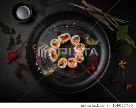 Top view of delicious sushi rolls on black table, Japanese food. Generative AI 106085750