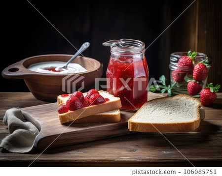 Toast with strawberry jam for breakfast on wooden table. Generative AI 106085751