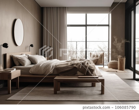 Bright beige wooden bedroom, minimal modern style. Generative AI Bright beige wooden bedroom, minimal modern style. Generative AI 106085790