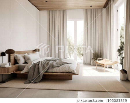 Bright beige wooden bedroom, minimal modern style. Generative AI 106085859