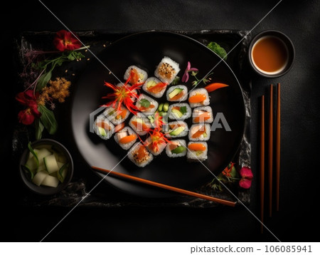 Top view of delicious sushi rolls on black table, Japanese food. Generative AI Top view of delicious sushi rolls on black table, Japanese food. Generative AI 106085941