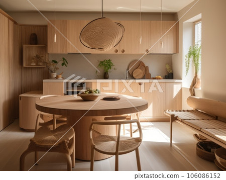 Contemporary wooden dining room and kitchen. Generative AI 106086152