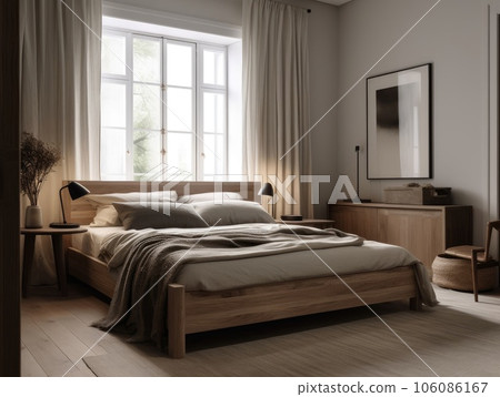 Bright beige wooden bedroom, minimal modern style. Generative AI 106086167
