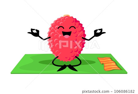 Cartoon lychee fruit character on yoga fitness. Funny and happy smiling tropical fruit vector personage meditating in lotus pose, lychee mascot or isolated character practicing yoga on mat 106086182