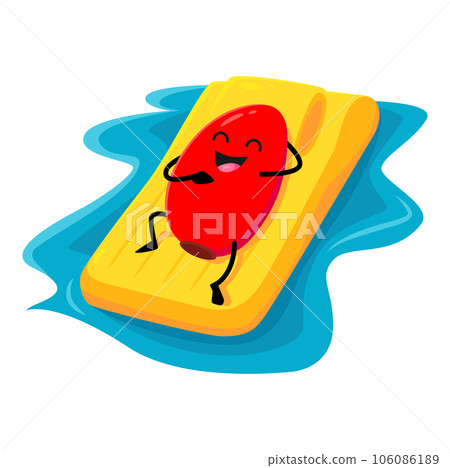 Cartoon burberry berry character floating on inflatable mattress during summertime getaway. Isolated vector fresh amusing personage enjoying outdoor activities and leisure at coastal destination 106086189
