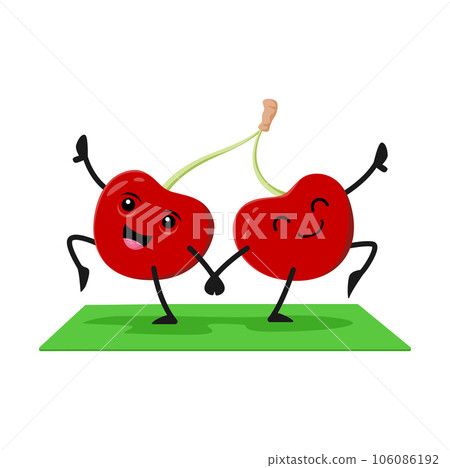 Cartoon playful cherry berry characters pair doing yoga or fitness exercises standing in yogi asana on mat to promote a healthful and lively lifestyle. Comical vector juicy berries engage in pilates 106086192