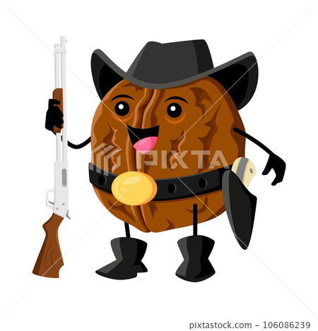 Cartoon walnut nut ranger or cowboy character. Vector unpeeled robber or bandit nut with rifle gun. Wild west hero wear hat, belt or boots hold weapon. Western healthy food personage, horseman vitamin 106086239