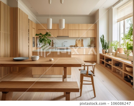 Contemporary wooden dining room and kitchen. Generative AI 106086247