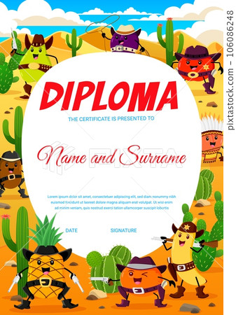 Kids diploma. Cartoon western cowboy, sheriff and robber fruits characters. Child education achievement vector diploma with orange, banana, pineapple and kiwi, peach, apple comical sheriff personages 106086248