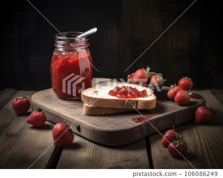 Toast with strawberry jam for breakfast on wooden table. Generative AI 106086249
