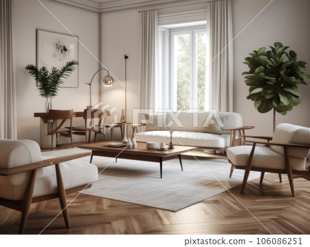 Scandinavian comfortable living room, wooden floor and furniture. Generative AI 106086251